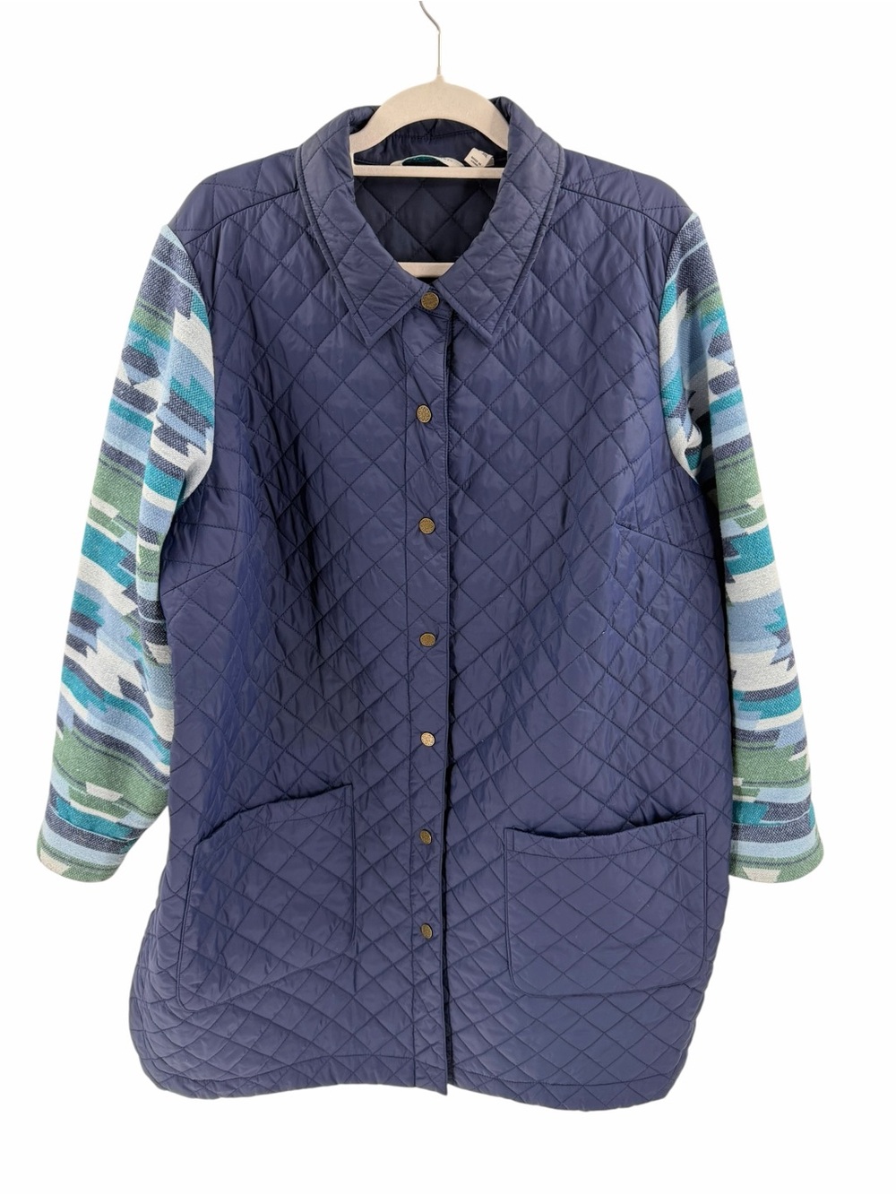 Denim & Co. Canyon Retreat Southwest Jacquard Sleeve Quilted Jacket Blue 2X